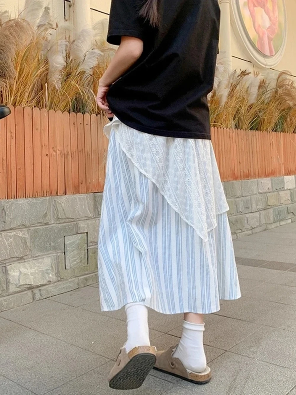 Gonna a righe blu in pizzo versione coreana Donna Estate 2025 Nuove gonne lunghe elastiche a vita alta Gonna ampia da vacanza a trapezio