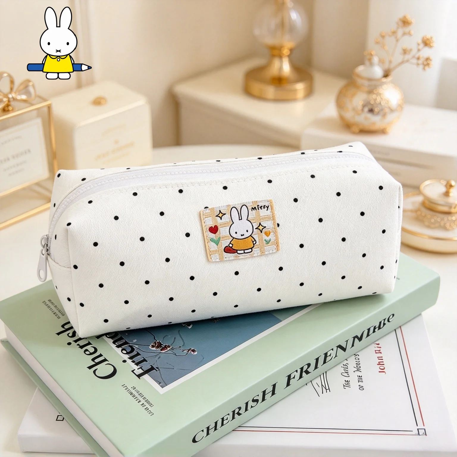 Kawaii Miffy Cute Pencil Pouch Cartoon Rabbit Embroidery Simple Style Polka Dot Printing Cosmetic Brush Organizer Girl Gift