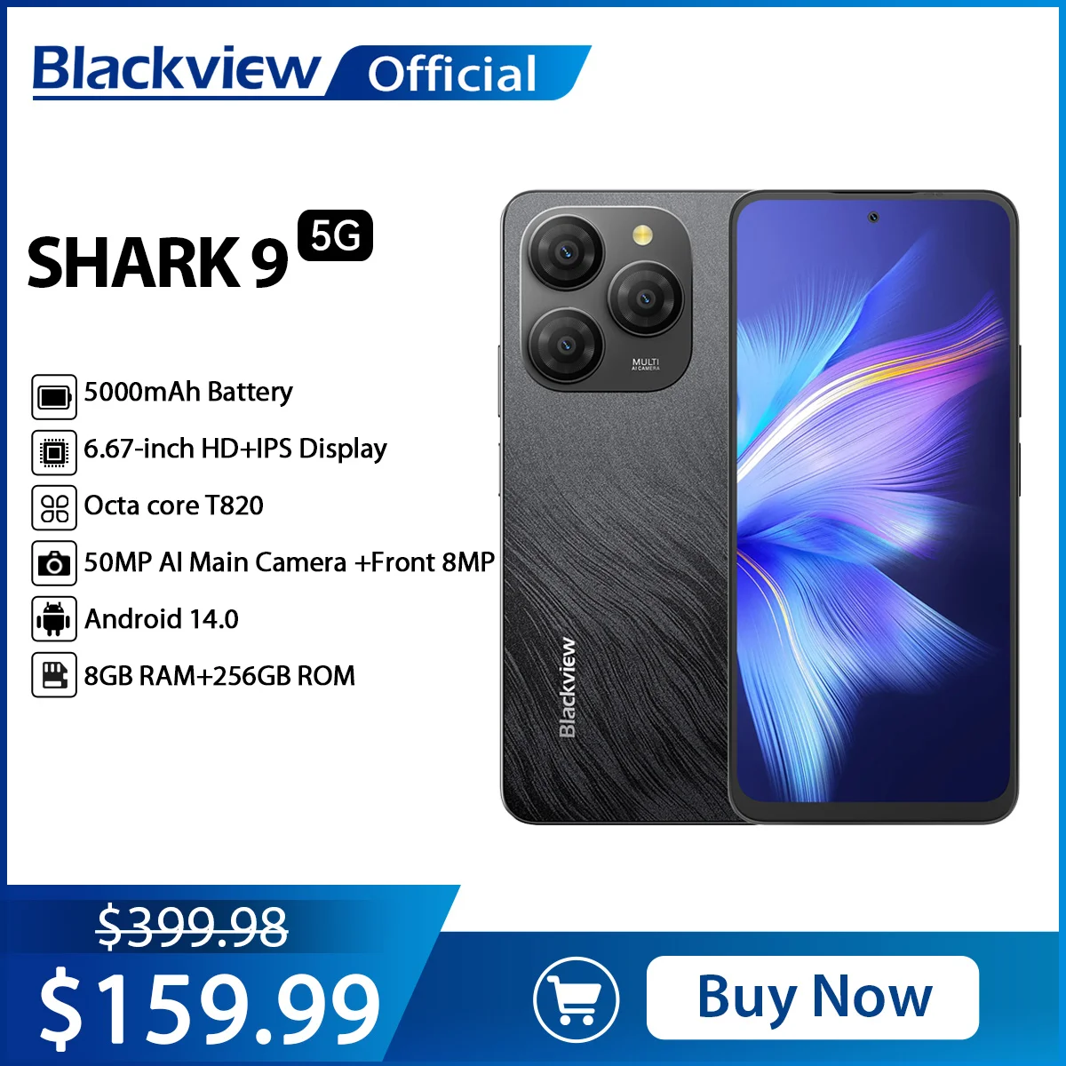 Blackview SHARK 9 5G Smartphone 6.67'' HD Display,T820 Octa core,8GB+256GB,50MP AI Camera Phone 5000mAh 18W Fast Charging NFC