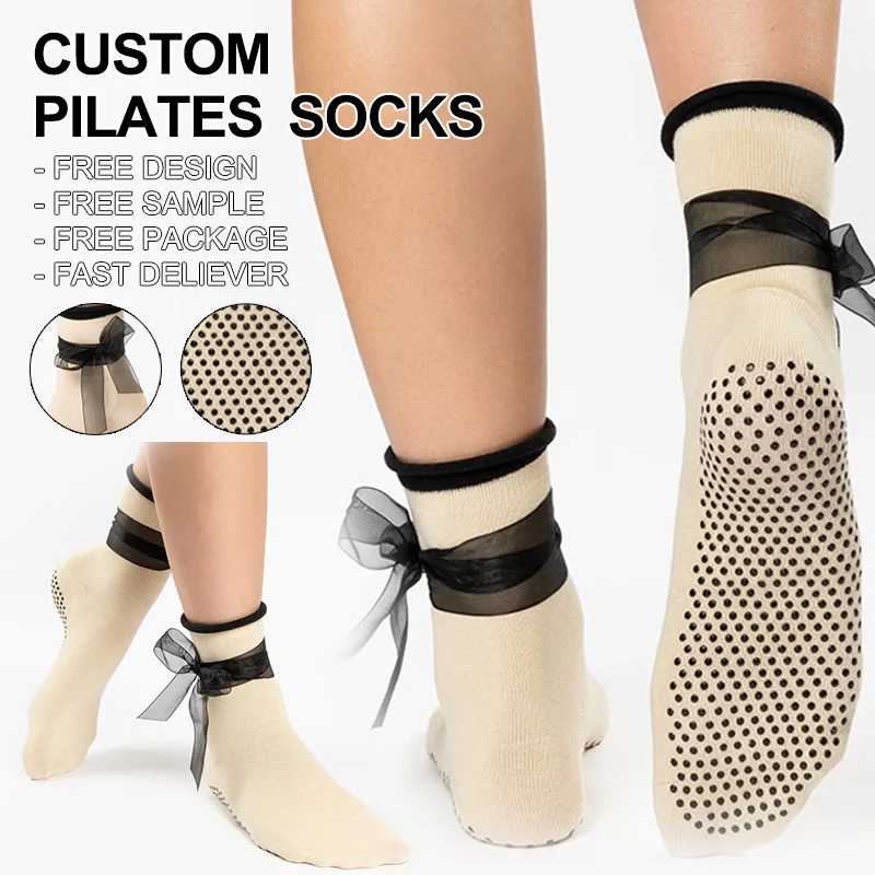 BAJO MOQ Moda Ruffle Cuff Patrón bordado Arco Grip Calcetines Yoga Pilates Mujer Pilates Grip Calcetines con arco