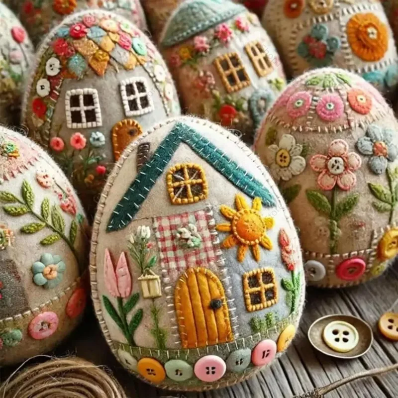 

2025 Patchwork Egg House Kit Easter Decor Basket Filler DIY Patchwork Felt Egg House Craft Kit Embroidered Felt Easter Package