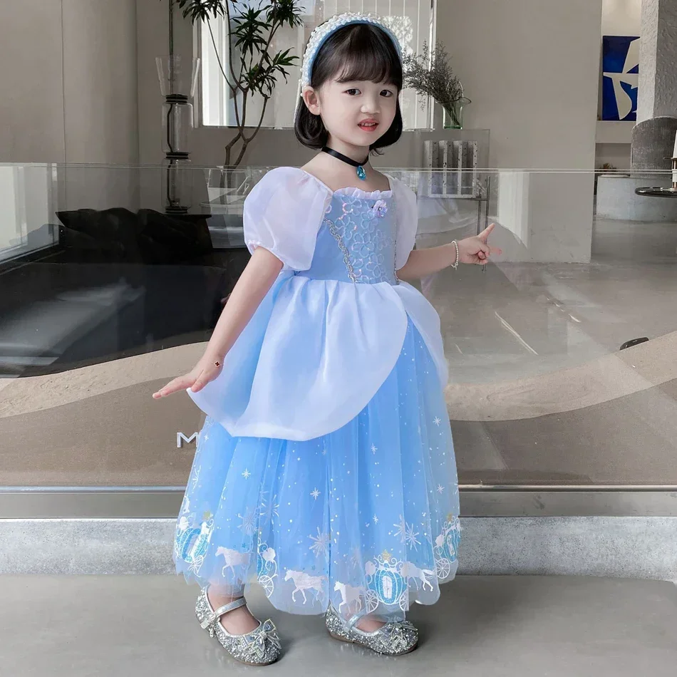 Cinderella Princess Cosplay Dress for Girl Kids Ball Gown Sequin Carnival Puff Sleeve Mesh Clothing for Birthday Party Vestidos