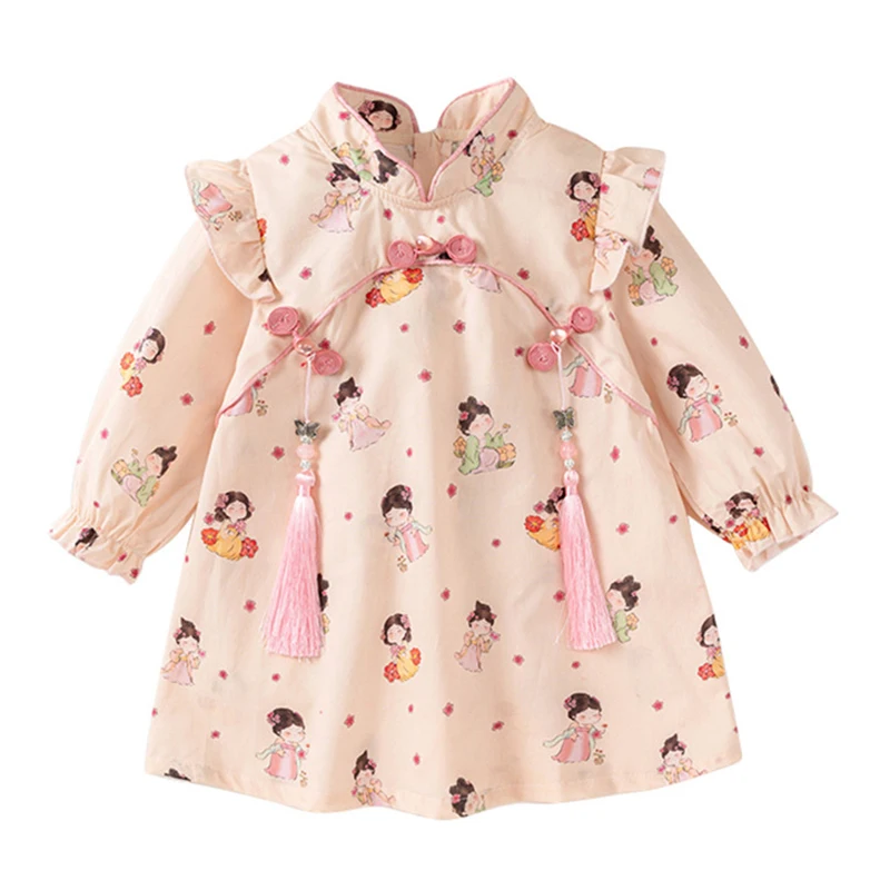 Spring Autumn Kids Girls Clothes China Style Cartoon Cute Print Cotton Long Sleeve Baby Dresses Toddler Princess Dress BC480