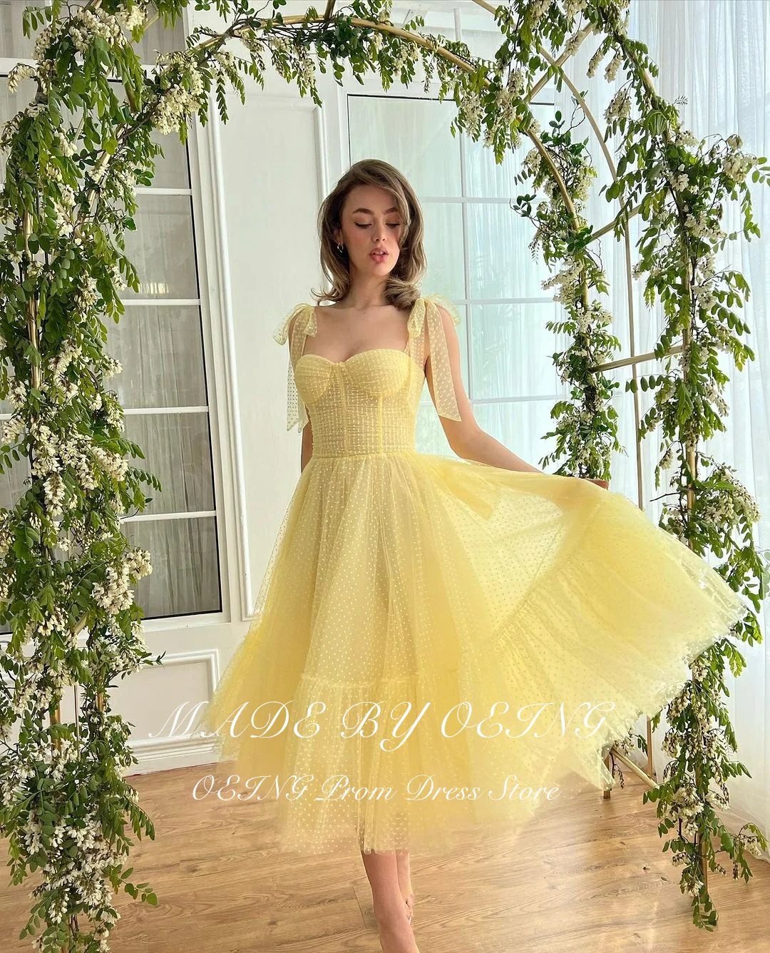 OEING Fairy Yellow Prom Dresses Princess Tulle Tea Length Women Evening Gowns Pastrol Off The Shoulder Wedding Party Dress