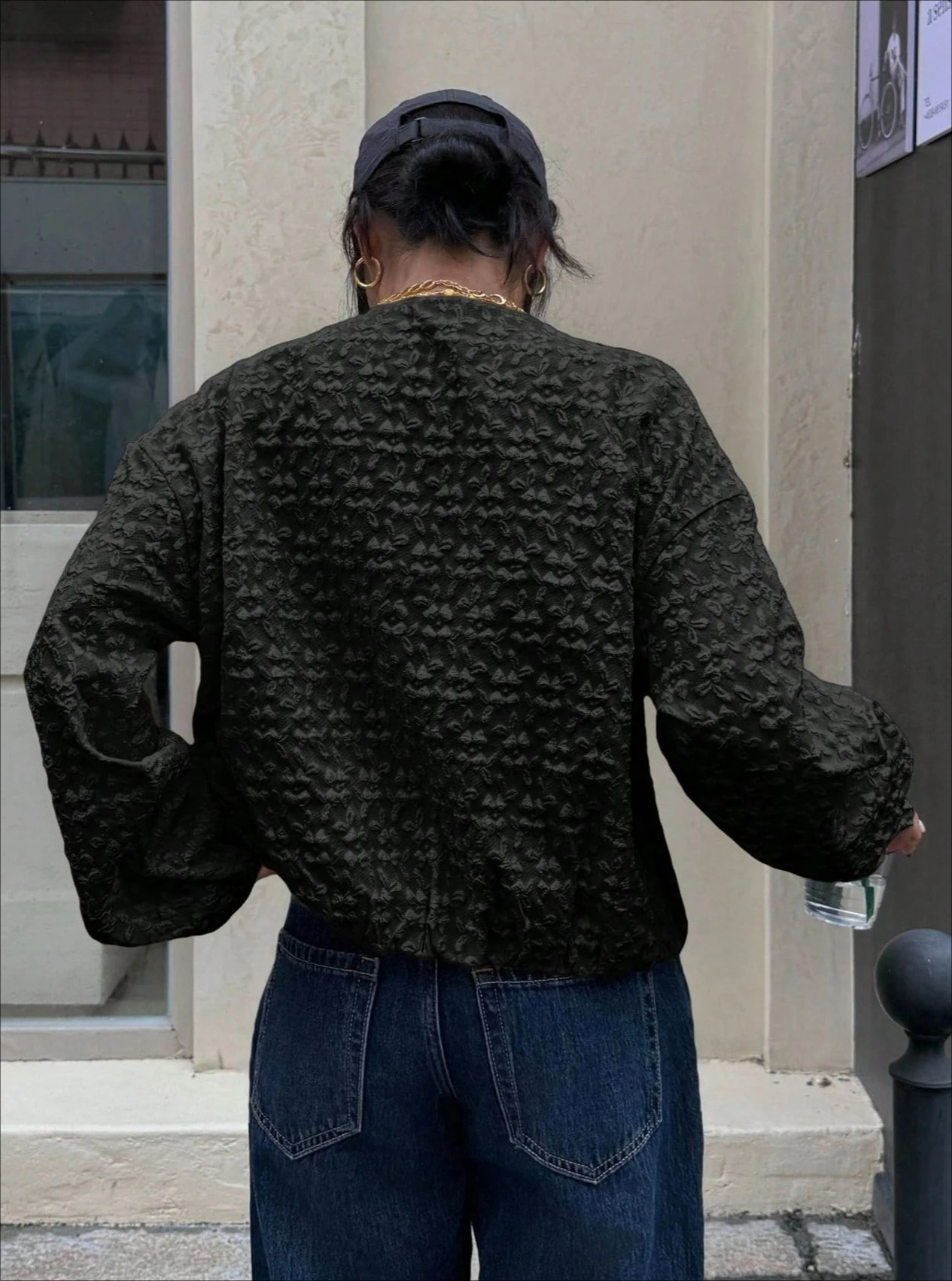 Solid Color Jacquard Zip Up Bomber Jacket Crew Neck Long Sleeve Oversized Cropped Women Casual Streetwear Outerwear 260701