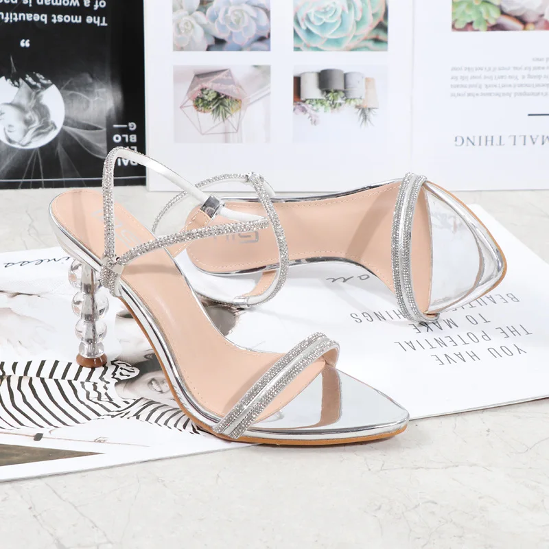 2023 Summer Women 9.5cm High Heels Shiny Rhinestone Sandals Lady Crystal Glass Strange Heels Sandles Wedding Bridal Silver Shoes