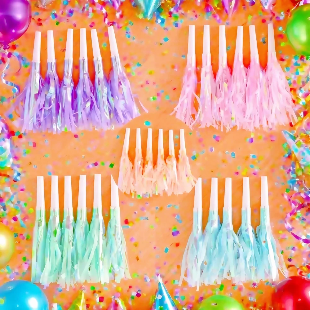 Trompeta con flecos colorida y divertida para fiesta de cumpleaños, boda, Festival, reunión, guardería, escuela, accesorios de decoración de Carnaval, 6/12 Uds.