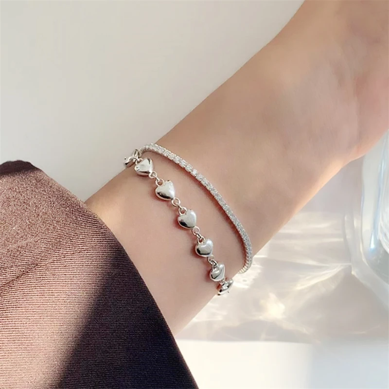 

WEDHOC 925 Sterling Silver Double Layer Sweet Romantic Valentine's Day Gift Heart Exquisite Resizable Bracelet For Women