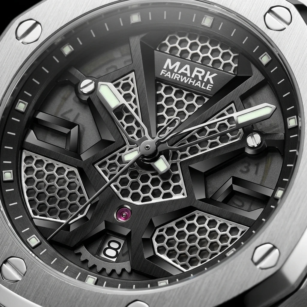 Mark Fairwhale Mens Wristwatch Octagon Screw Bezel Hollow Skeleton Dial Date Display Stainless Steel Band Fashion Watch