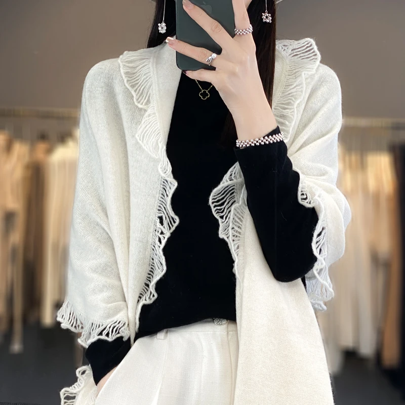 

Женская шаль из 100% кашемира с бахромой и кисточками, мягкая вязаная теплая уютная универсальная элегантная однотонная накидка, модный элегантный шарф