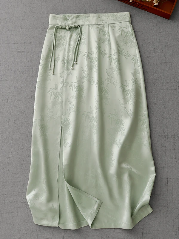 กระโปรงสไตล์จีนใหม่ ผ้าอะซิเตทลายปักไม้ไผ่ ไซส์ใหญ่สำหรับผู้หญิง กระดุมพู่ห้อย เอวสูง สไตล์จีนดั้งเดิม