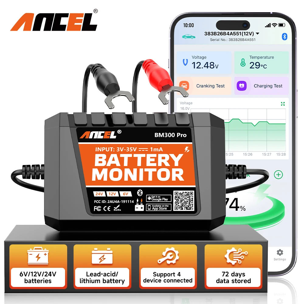 2024 New ANCEL BM300 Pro Battery Monitor 24V Battery Tester 12V SOC Battery Health Analyzer Battery Tools 