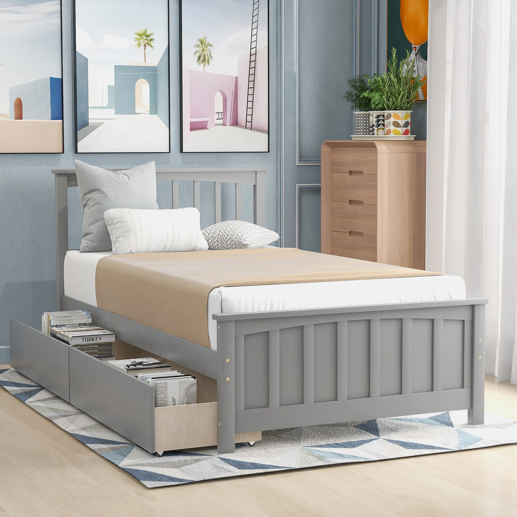 Gray Twin Platform Bed with Two Drawers, Storage Solution  79.50x42x41.40 in.