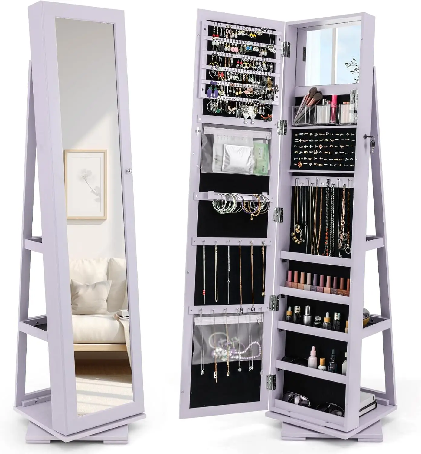 Full Length Mirror Jewelry Armoire - 360° drehbarer Schmuckschrank mit Ganzkörperspiegel, abschließbarer