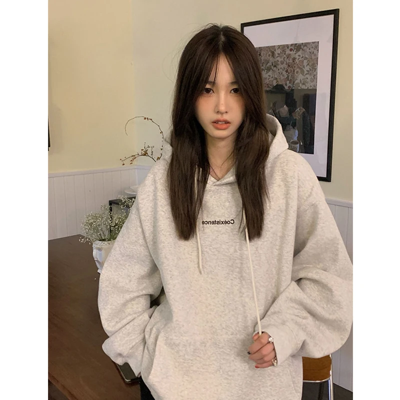 Fashion Dark Grey Hoodie Fleece Thicken Sweatshirt Long Sleeve Korean Letter Printing Baggy Female Tops Pullover Hoodie Autumn