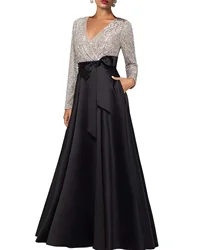 A-Line Evening Gown Elegant Dress Formal Floor Length Long Sleeve V Neck Fall Wedding Guest Satin with Sequin Pocket