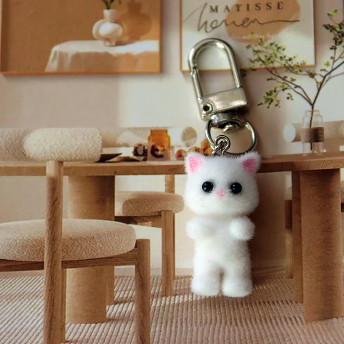 Cute 3D Flocking Kitten Keychain Cat Couple Mobile Phone Pendant Car Keyring Earphone Backpack Charms Bag Decor image 5