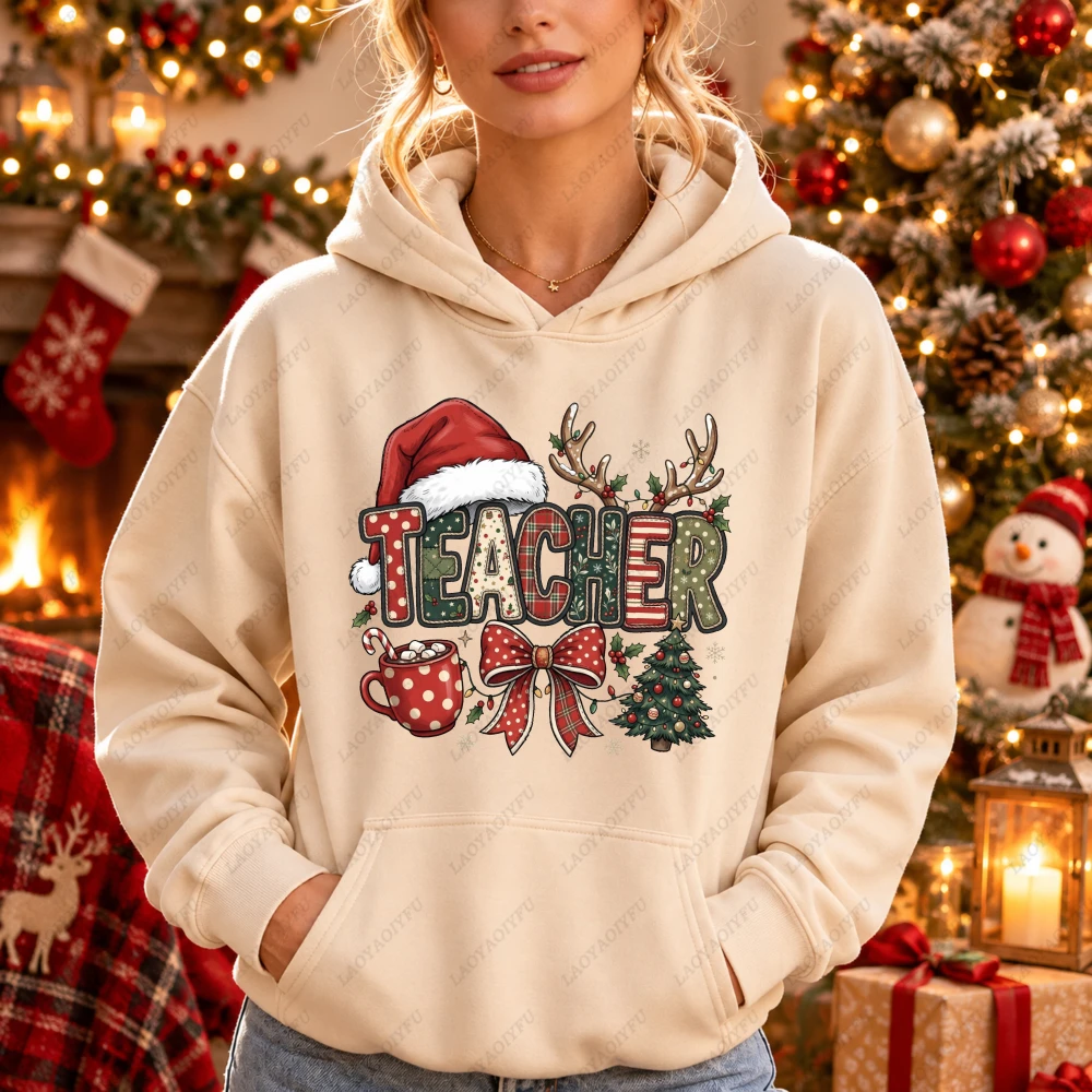 Christmas Teacher Santa Hat Antlers Bow Cocoa Tree Print Women Hoodie Xmas Holiday School Educator Winter Festive Hooded Women