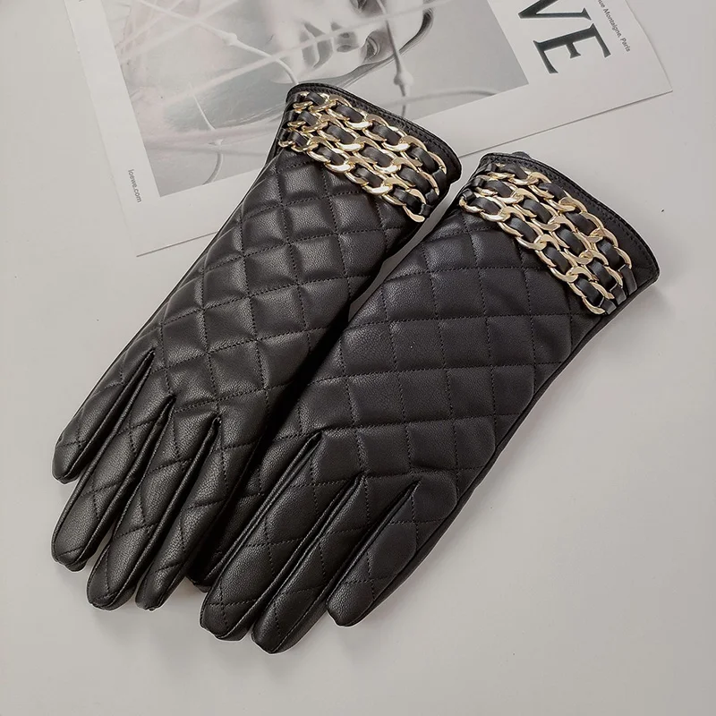 Women Black Chain Thickened Plush Inside Grid PU Artificial Leather Glove Sexy Female Nightclub Dance Punk Performance Mitten