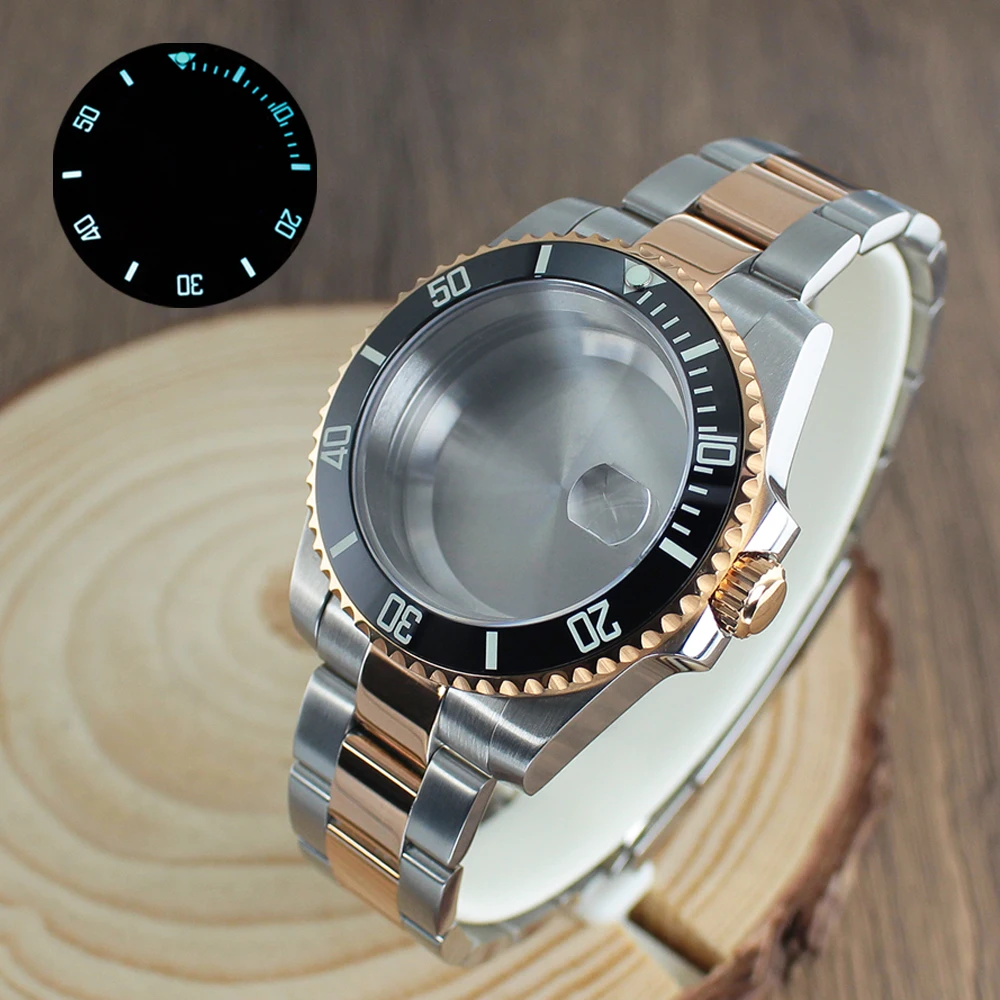 

40mm Women's NH35 Rose Gold Watch Case Bracelet Sapphire Glass for NH35 NH36 NH34 8215 Eta 2824 PT5000 SUB luminous bezel insert