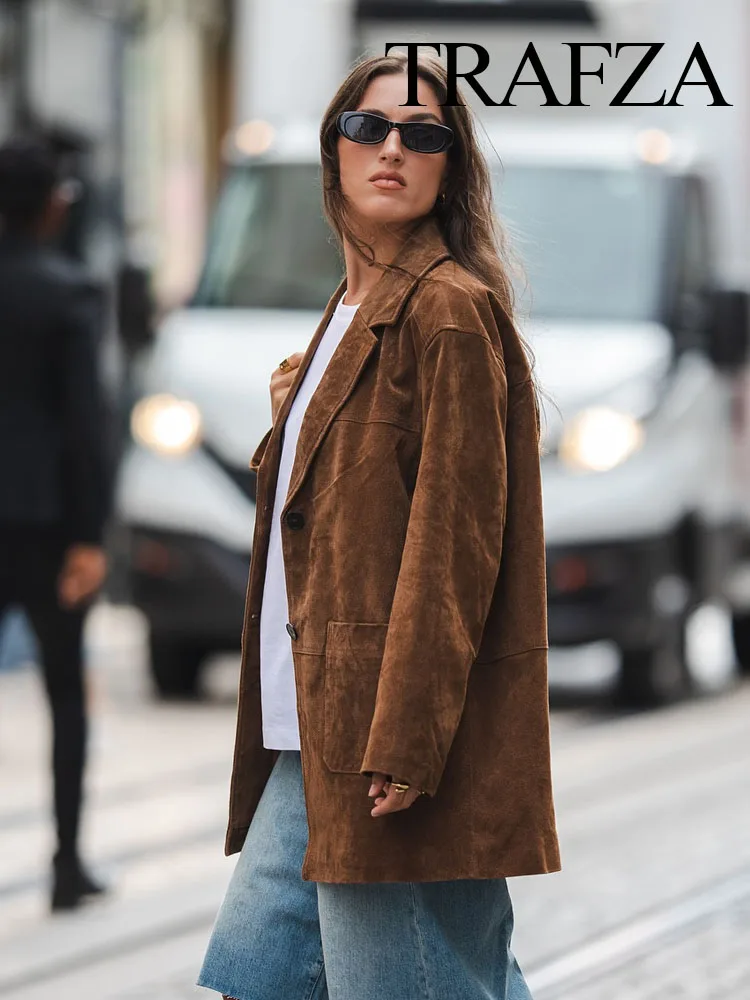

HH Women Autumn Lapel Long Sleeve With Pockets Coat Female New Fashion Single-breasted Casual Loose Vintage Street Jacket