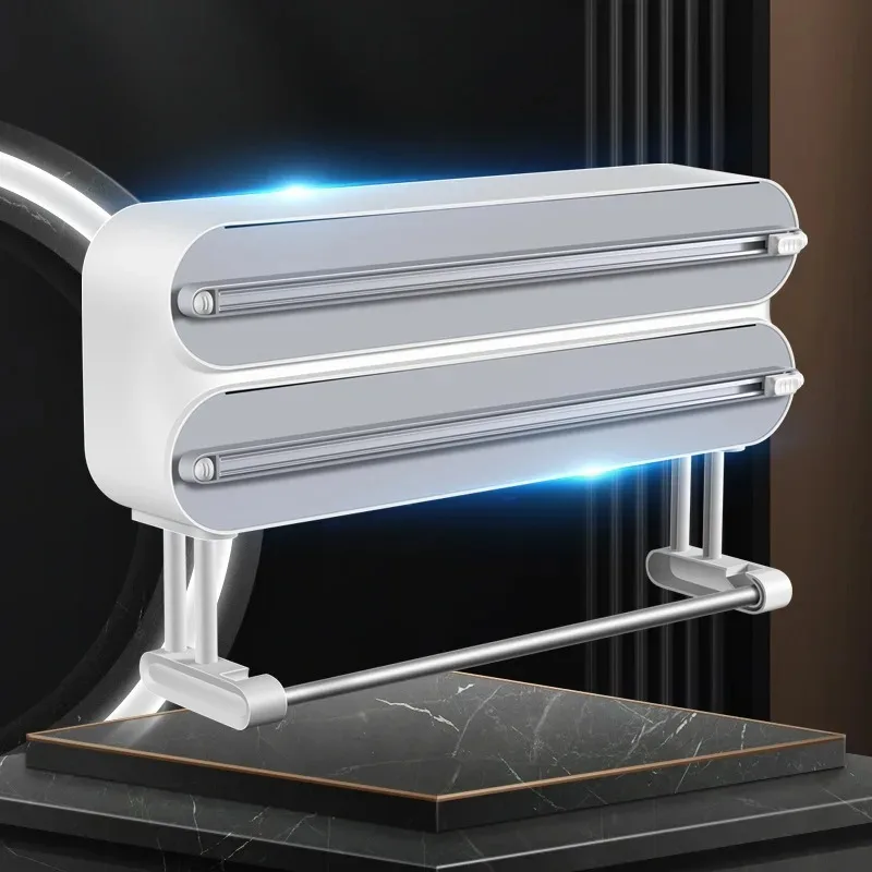 قاطع تغليف بلاستيكي مبتكر مثبت على الحائط، متعدد الوظائف وقابل للتعديل لمستلزمات المطبخ، قاطع قصدير للخبز