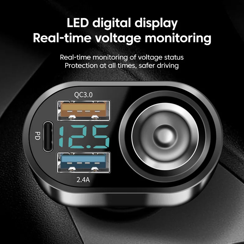 Olaf 66W 3 Ports USB C Car Charger QC 3.0 Fast Charging PD Type C Car Cigar Lighter Socket For iPhone Huawei Sumsung Xiaomi LED