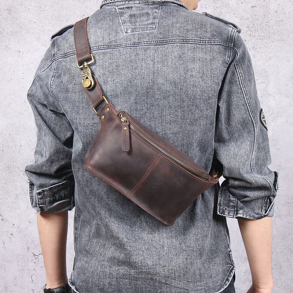 S.WORKE Vintage Echtleder Herren-Brusttasche Umhängetasche Kleine Crazy Horse Rindsleder Damen Mode Handytasche – Detail 4