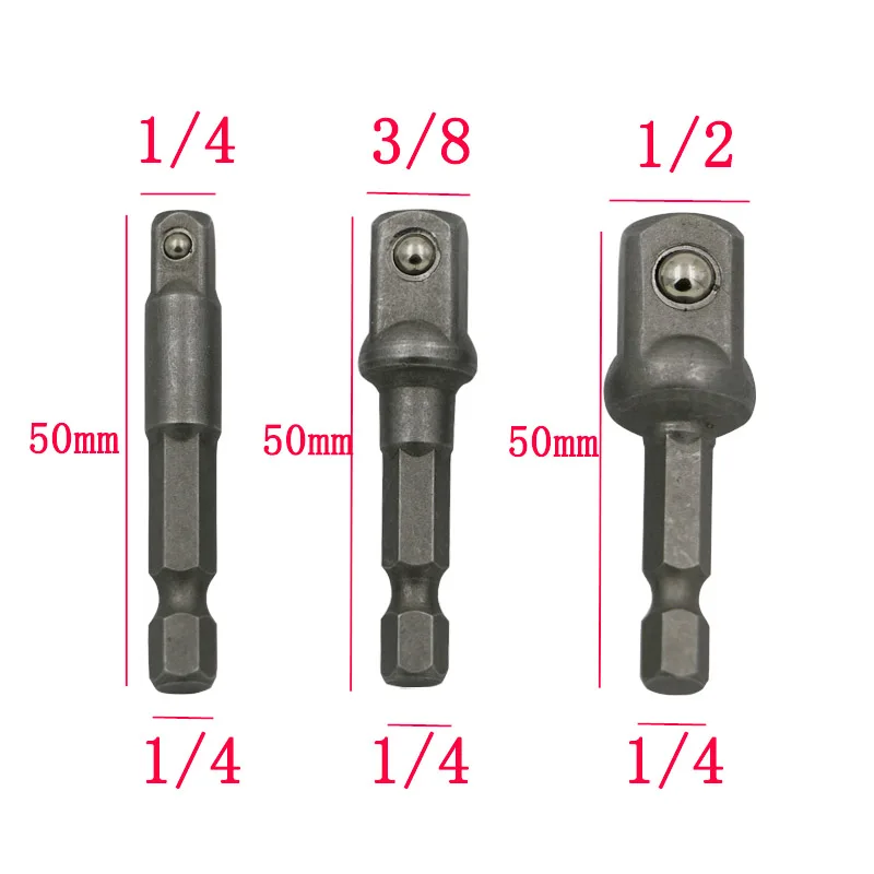 Adattatore per presa in acciaio al cromo vanadio da 3 pezzi con gambo da 0,14 a 1/4 "3/8" 1/2 "punte per trapano di estensione set di punte esagonali utensili elettrici