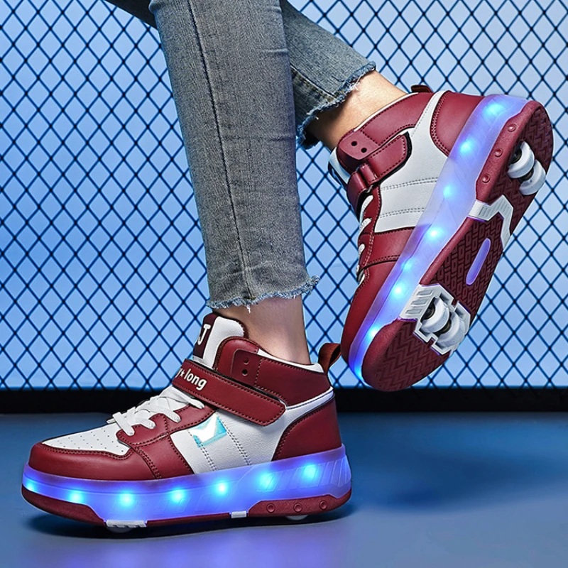LED ローラースケートシューズ 4 輪取り外し可能なホイールシューズ男性と女性のハイトップ通気性スポーツシューズティーンエイジャースニーカー