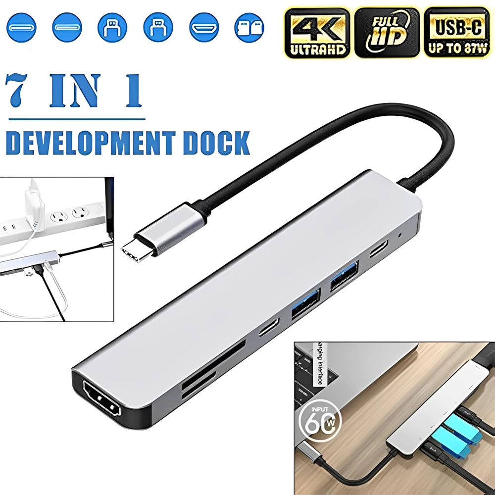 Hub USB C 7 en 1 con HDMI 4K 30Hz, USB 3.0, 2.0, lector de tarjetas SD y TF para portátiles y Macbook