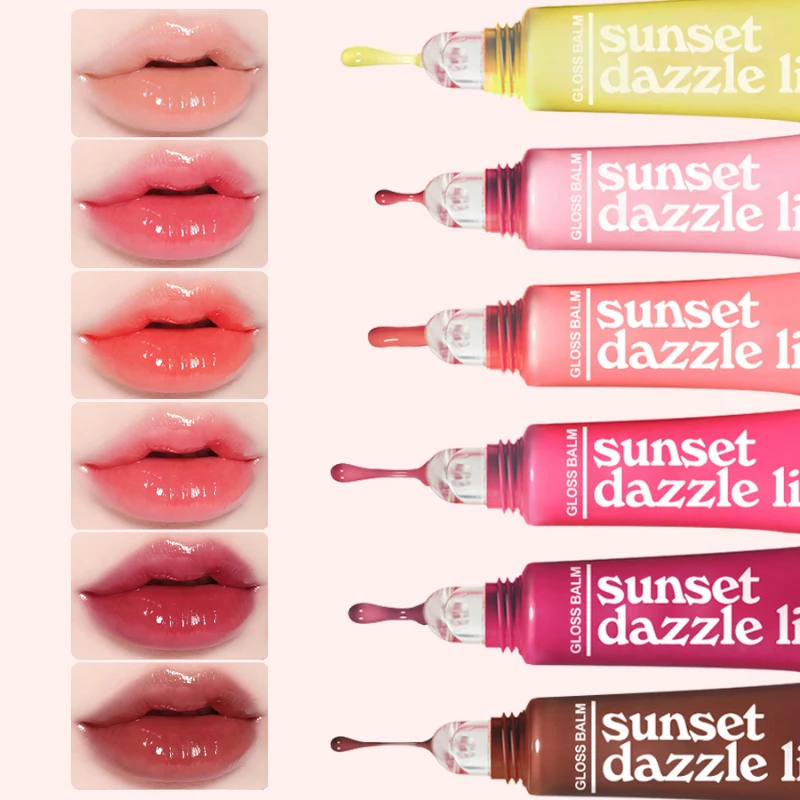 サンセットダズルリップグロスバーム、ジューシーミラーウォーターグローリップスティック、保湿栄養透明感のある輝き持続リップメイクアップオイル