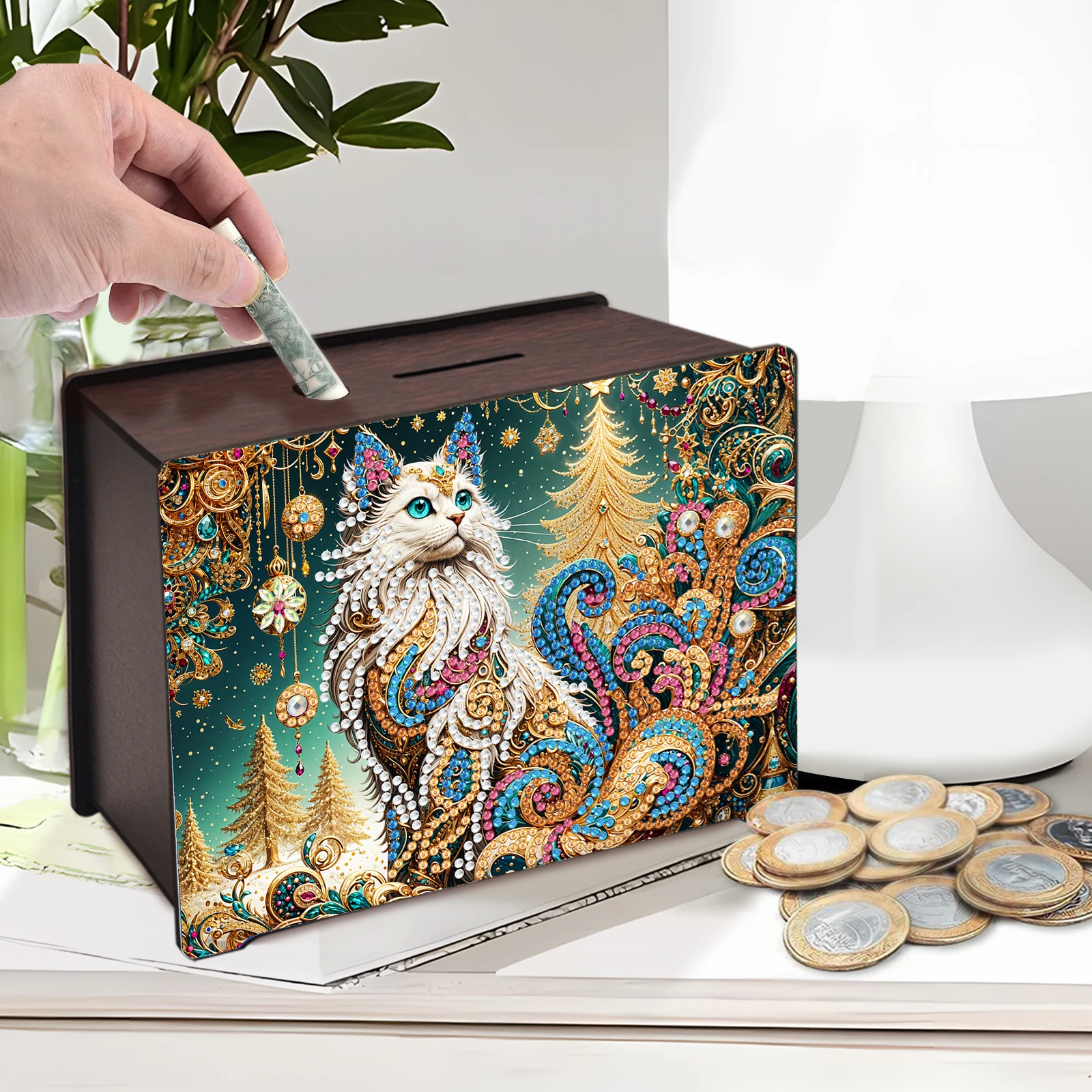 Diamond Art Painting Spaarpot Bureaudecoraties, Houten Geldbesparende Potdoos voor Cash Coin, 5D Diamond Dots Tafelornamenten