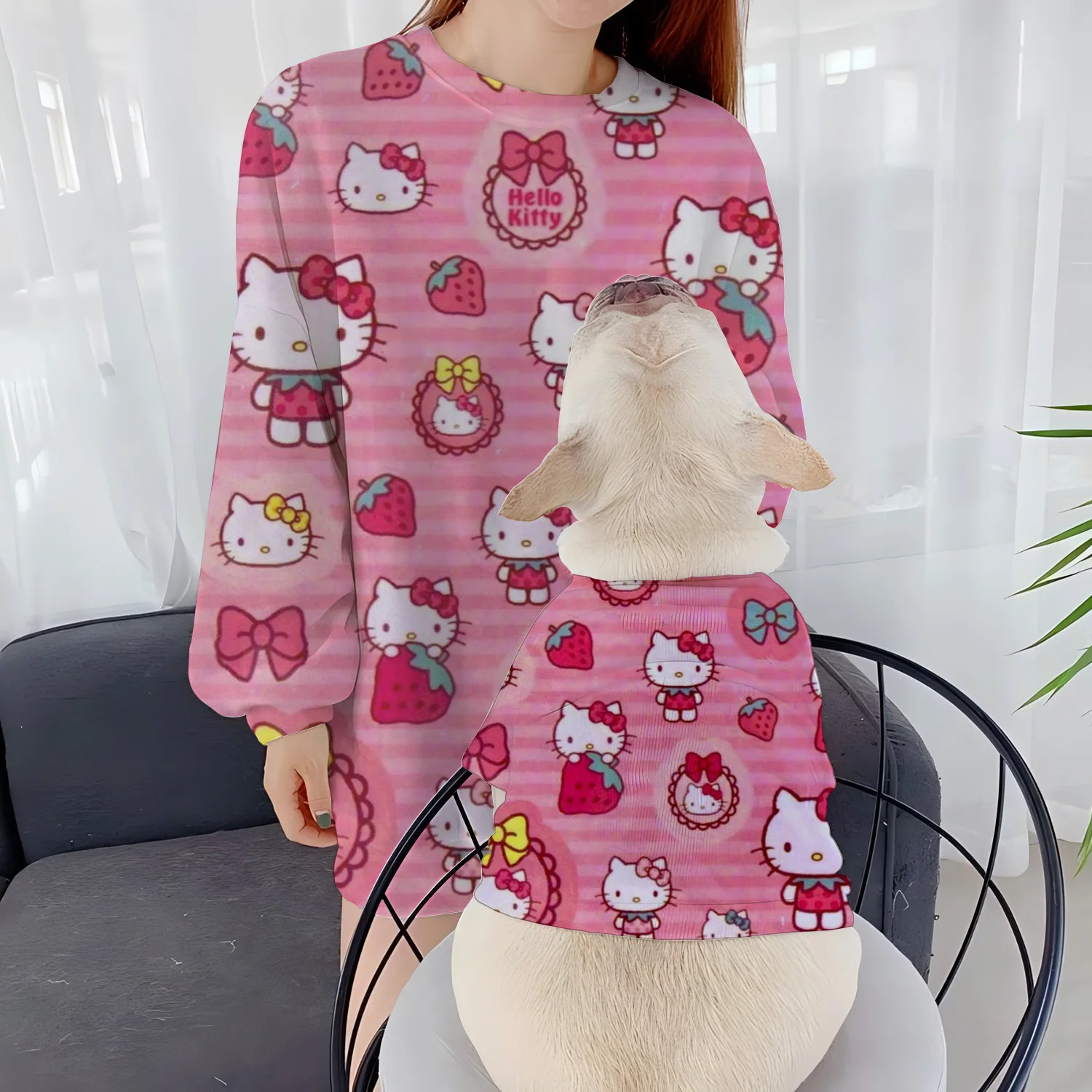 Casual Sweatshirts Women's Parent-Child Clothes Long Sleeve Autumn Winter Puppy Clothing Pet Pullover Hello Kitty Dog Round Neck