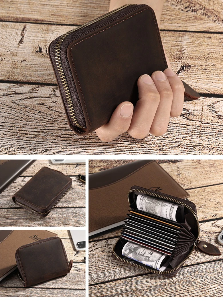 

Crazy Horse Leather rfid anti-magnetic card bag, large-capacity organ bag, multi-slot genuine leather square retro coin wallet