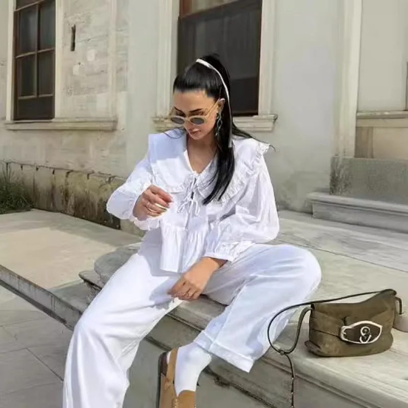 

2025Popular Spring New Women's Clothing European and American Style Fashion Casual Versatile3Color Collar Lace Trim Blouse