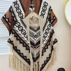 2024 Autumn Winter Stoles Indie Folk Printing Cardigan Tassel Long Shawl Scarf Sweater Knitwear Women Knitted Poncho Cape T288