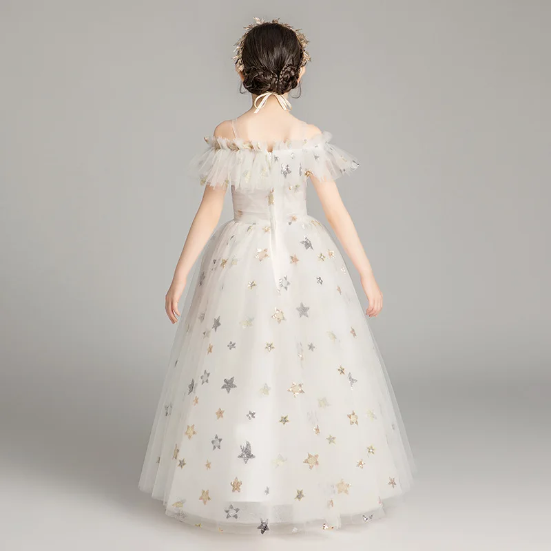 Robe de luxe pour filles de 3 à 12 ans, tenue de soirée blanche avec étoile, motif floral