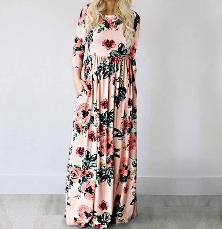 Summer Dress Women Pink Floral Print Boho Beach Dress Ladies Evening Party Long Dress Sundress Vestidos de festa