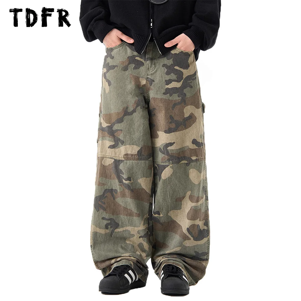 Camouflage Carpenter Pant  Mens Multi-Pocket Safari Style Loose Straight-leg Pants Men Wide leg Trousers