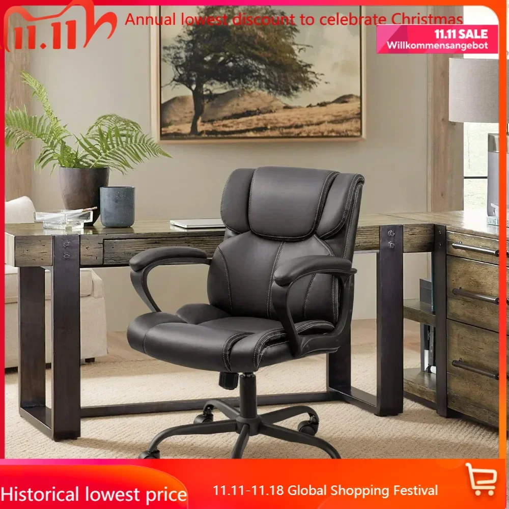 

Mid Back Executive Office Chair Swivel Computer Task Chair with Armrests,Ergonomic Leather-Padded Desk Chair with Lumbar