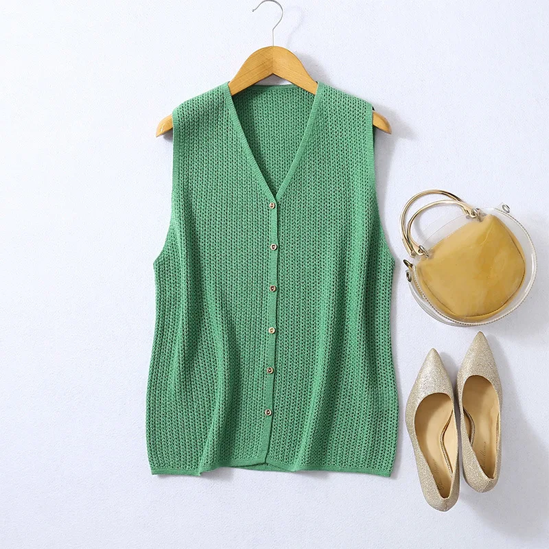 Women's Early Autumn New Hollow Knitted Vest High-end Feel 64% Natural Mulberry Silk V-neck Sleeveless Knitted Cardigan