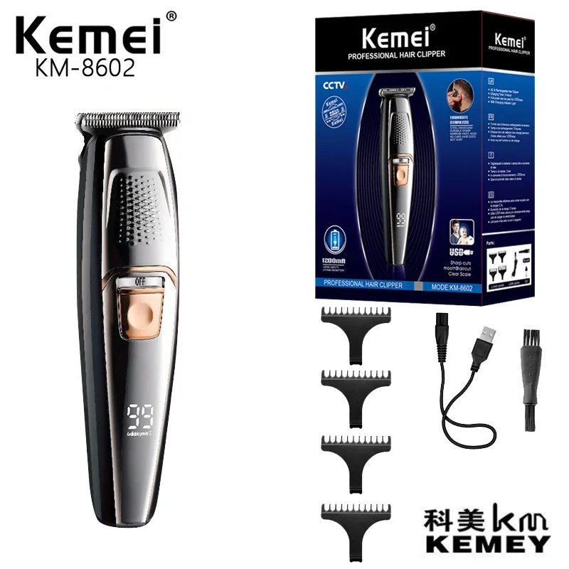 Kemei Km-8602 Led Screen Steel Cutter Head Hair Clipper Men Strong Power ricaricabile Professional Electric Trimmer Enchen