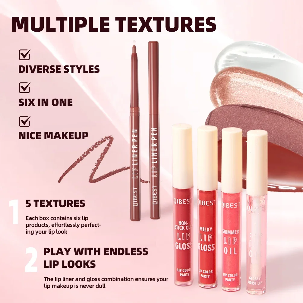 QIBEST 6 juegos de maquillaje de Color de labios incluyen 2 * delineador de labios, 1 lápiz labial líquido mate, esmalte de labios de 2 espejos y 1 bálsamo de aceite de labios transparente