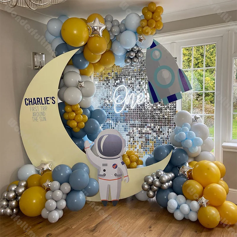 196pcs Galaxy Party Balloon Arch Maca Blue Yellow First Trip Around The Sun Baby Shower Gender Reveal Wedding Blast Off Birthday