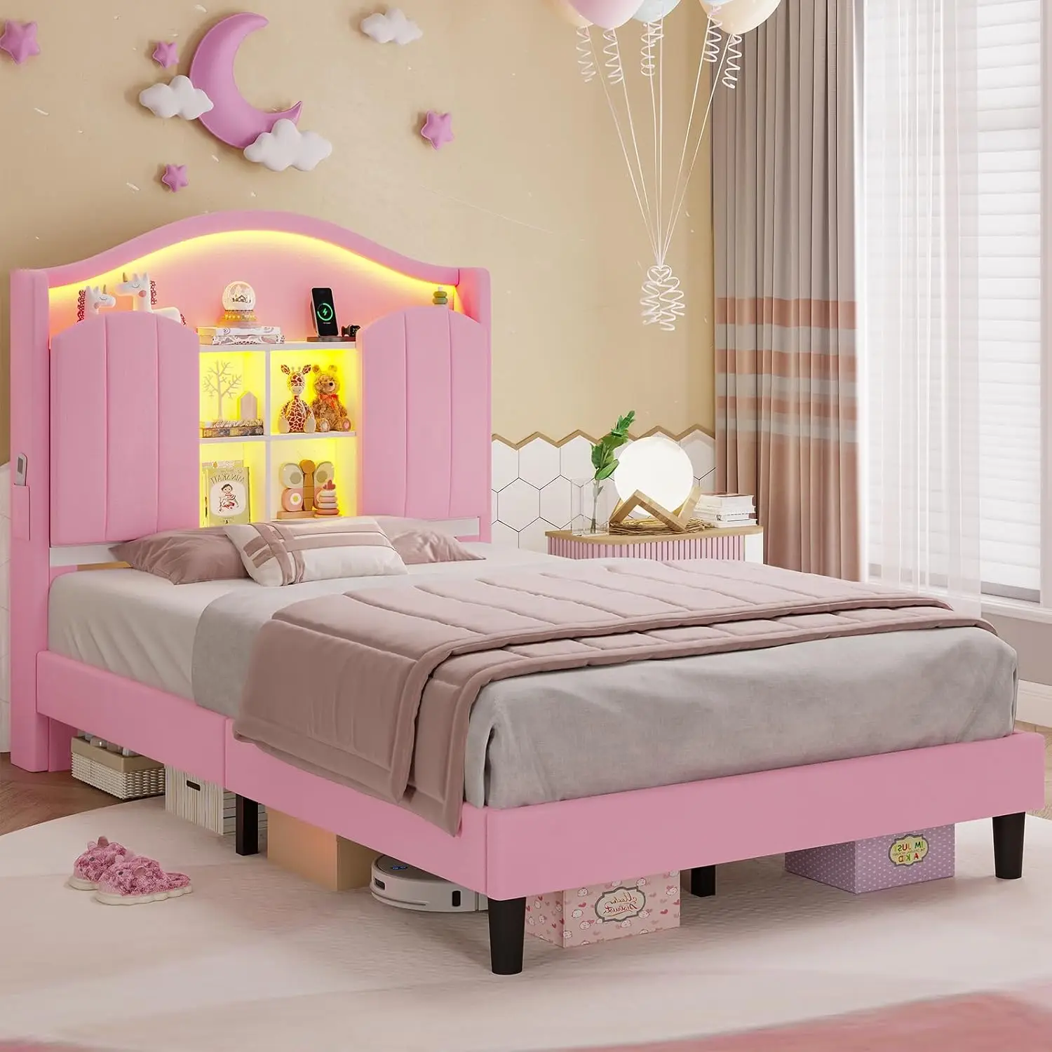 Twin Girl Bed with LED Lights & Charging Station, Upholstered Storage Headboard Platform Twin Size Princess Bed Frame, No Box Sp