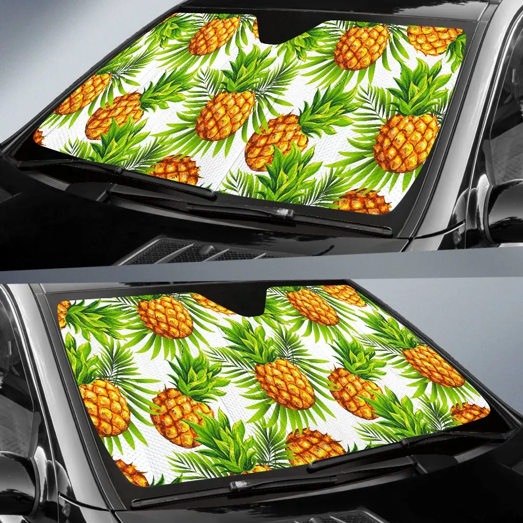 White Tropical Pineapple Pattern Print Car Sun Shade