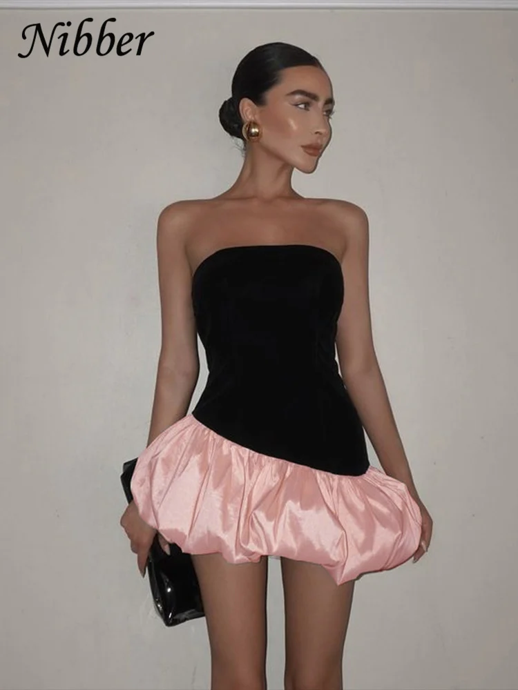 Nibber verão inchado vestido feminino y2k elegante irregular veludo retalhos sem alças meia-noite festa de aniversário doce banquete bodycon