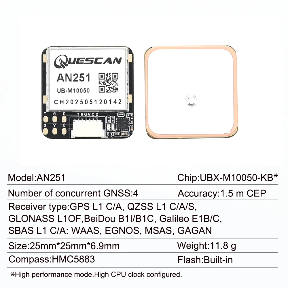 QUESCAN AN251 M10-5883 GPS Antenna Module with Compass QMC5883L M10 GPS GLONASS Galileo BeiDou GNSS Receiver NMEA UBX 20Hz GPS