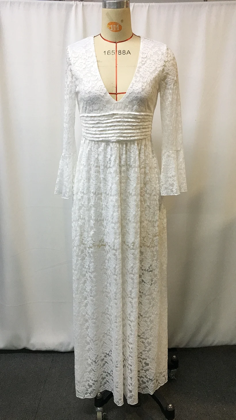 Elegante abito con scollo a V a vita alta in pizzo svasato a maniche lunghe Boho Abito da cerimonia per invitati a un matrimonio Abiti da sera formali